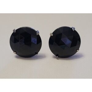 Vintage HOBE Signed Large Black Button Style Silver Tone Clip On Earrings 70s 1"